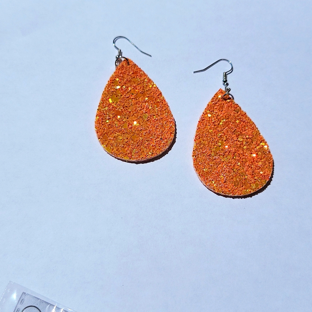 Retro Glittered Teardrop Shape Dangle Earrings Orange 2.95 Drop New - Picture 4 of 9